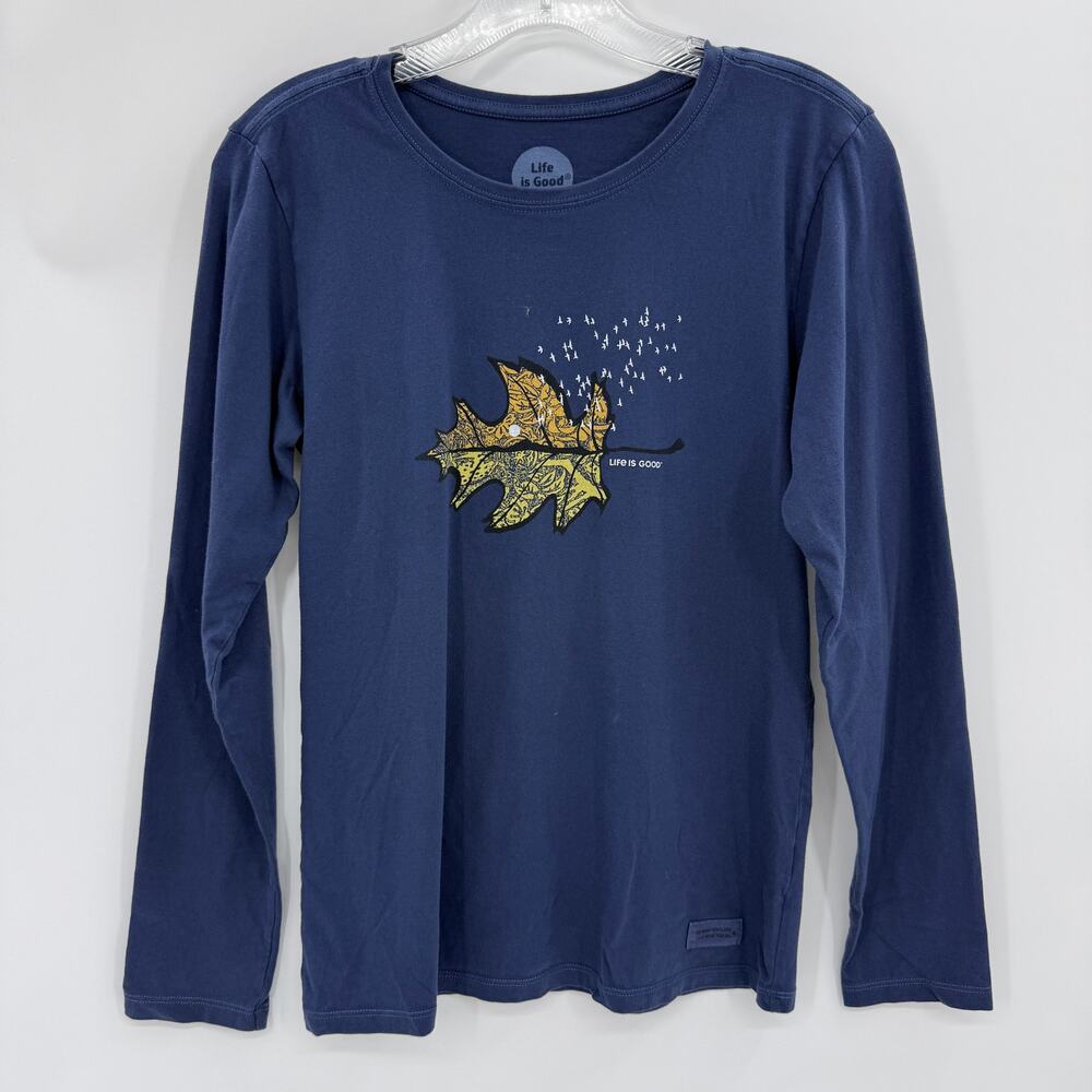 LIFE IS GOOD Women Crusher Tee Size S Fall Maple Leaf Long Sleeve Crew Neck Blue